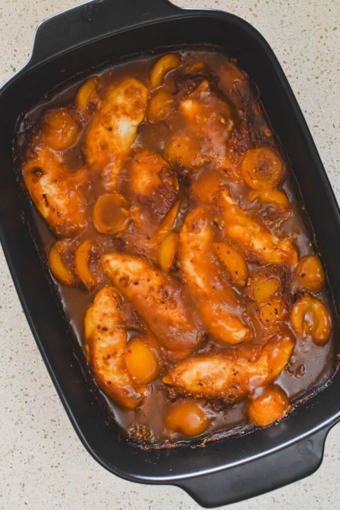 Traditional apricot Chicken in baking dish.