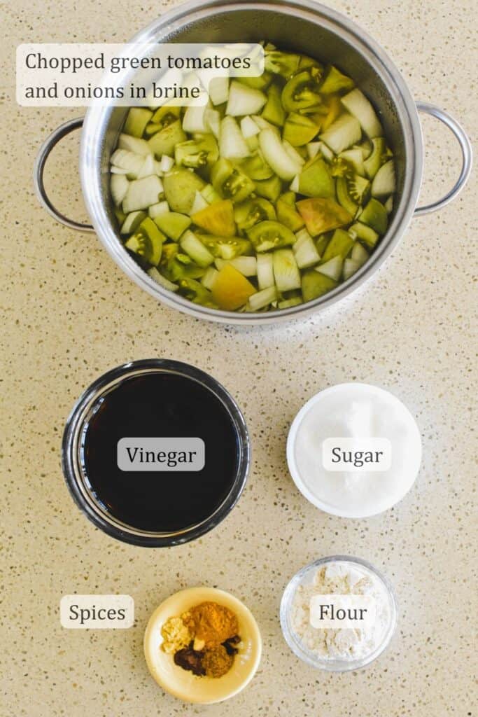 ingredients for green tomato pickles.