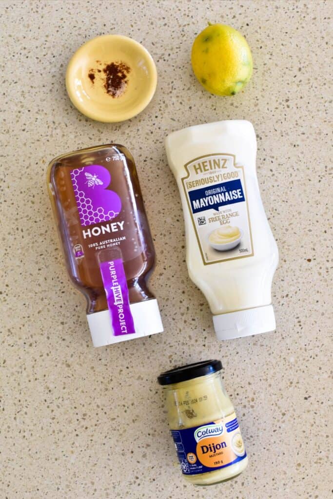 ingredients for honey mustard sauce.