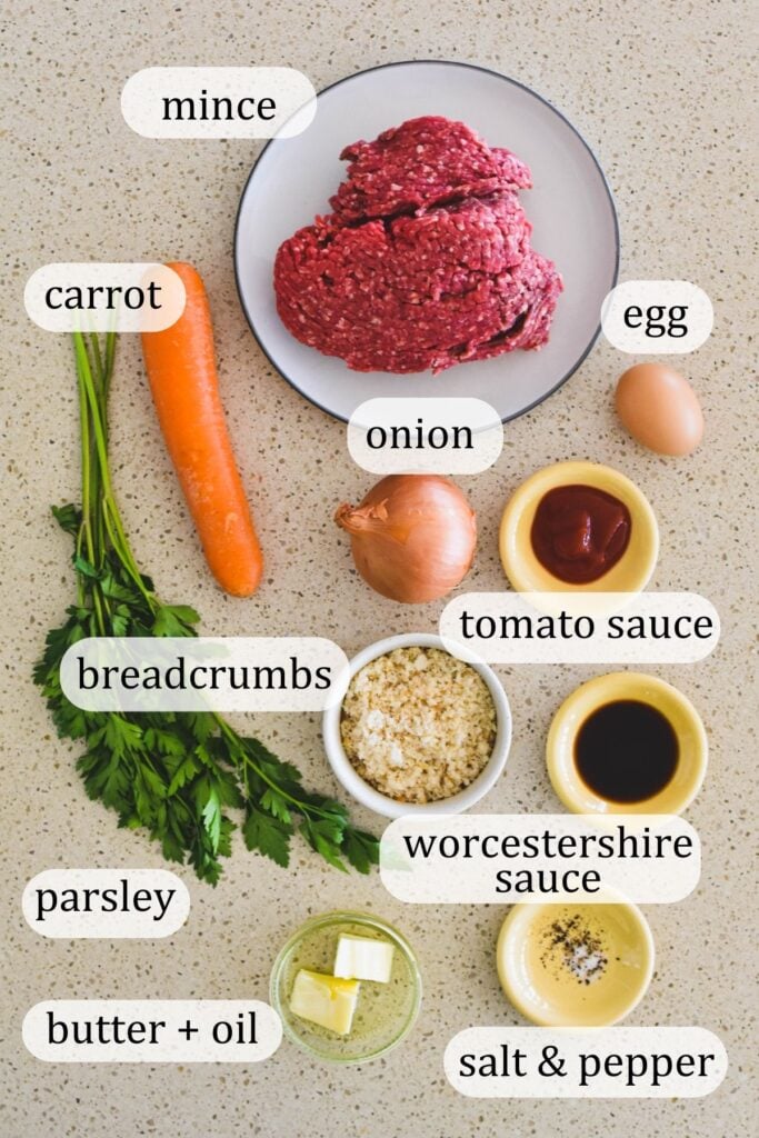 ingredients for rissoles on kitchen bench.