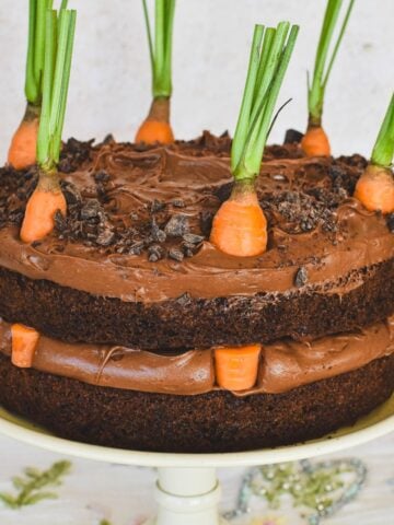 Chocolate Carrot Cake on cake stand.
