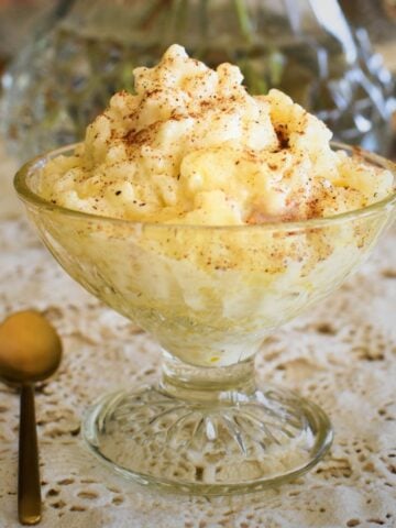 creamed rice in glass dessert dish.