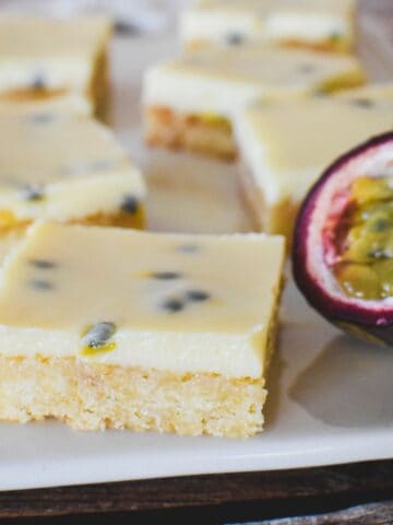 Passionfruit Slice square on plate.