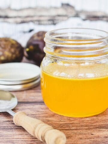 Passionfruit Syrup in jar.