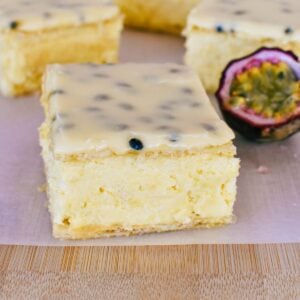 Vanilla Slice with passionfruit icing.