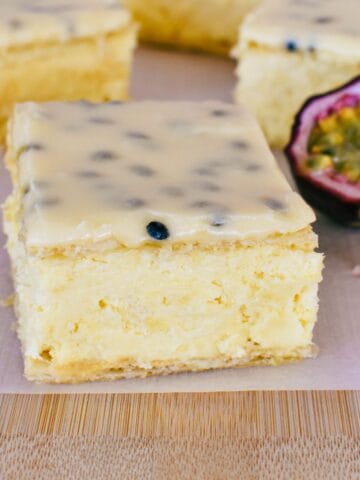 Vanilla Slice with passionfruit icing.