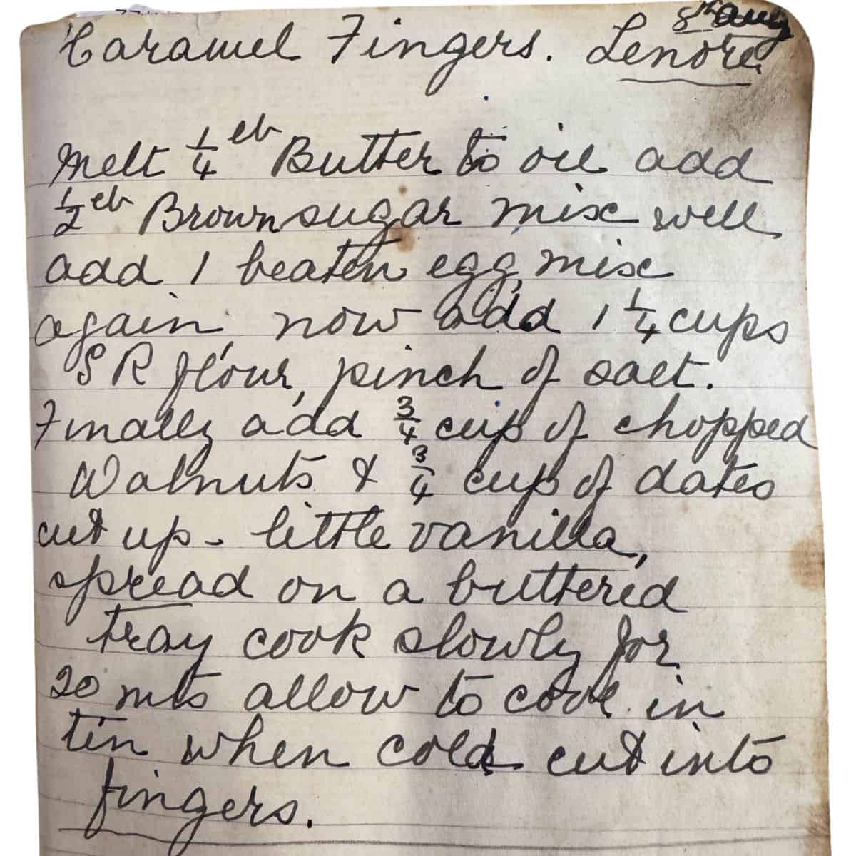 Nana Ling's handwritten Caramel Date Slice recipe.