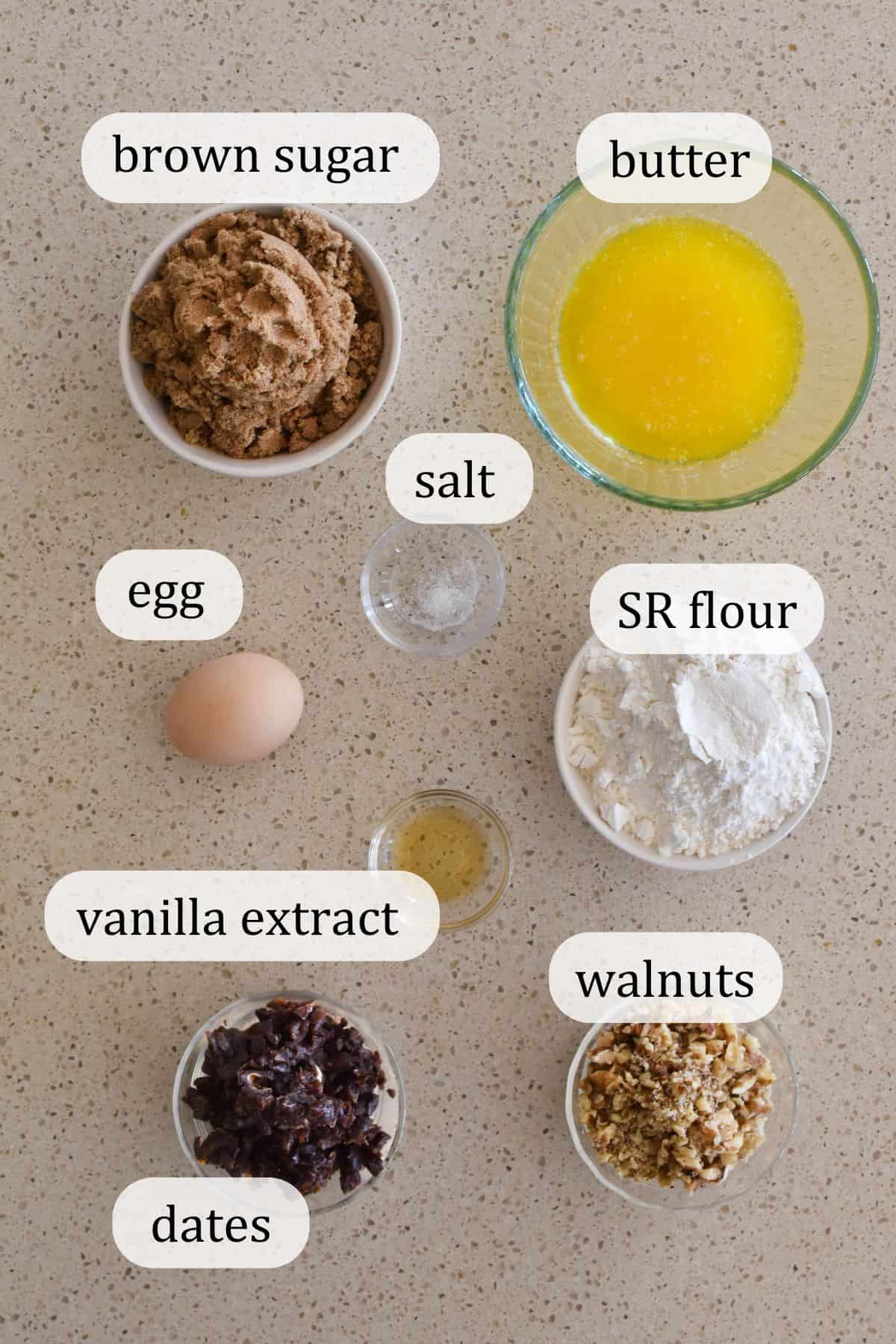 Ingredients for Caramel Date Slice.
