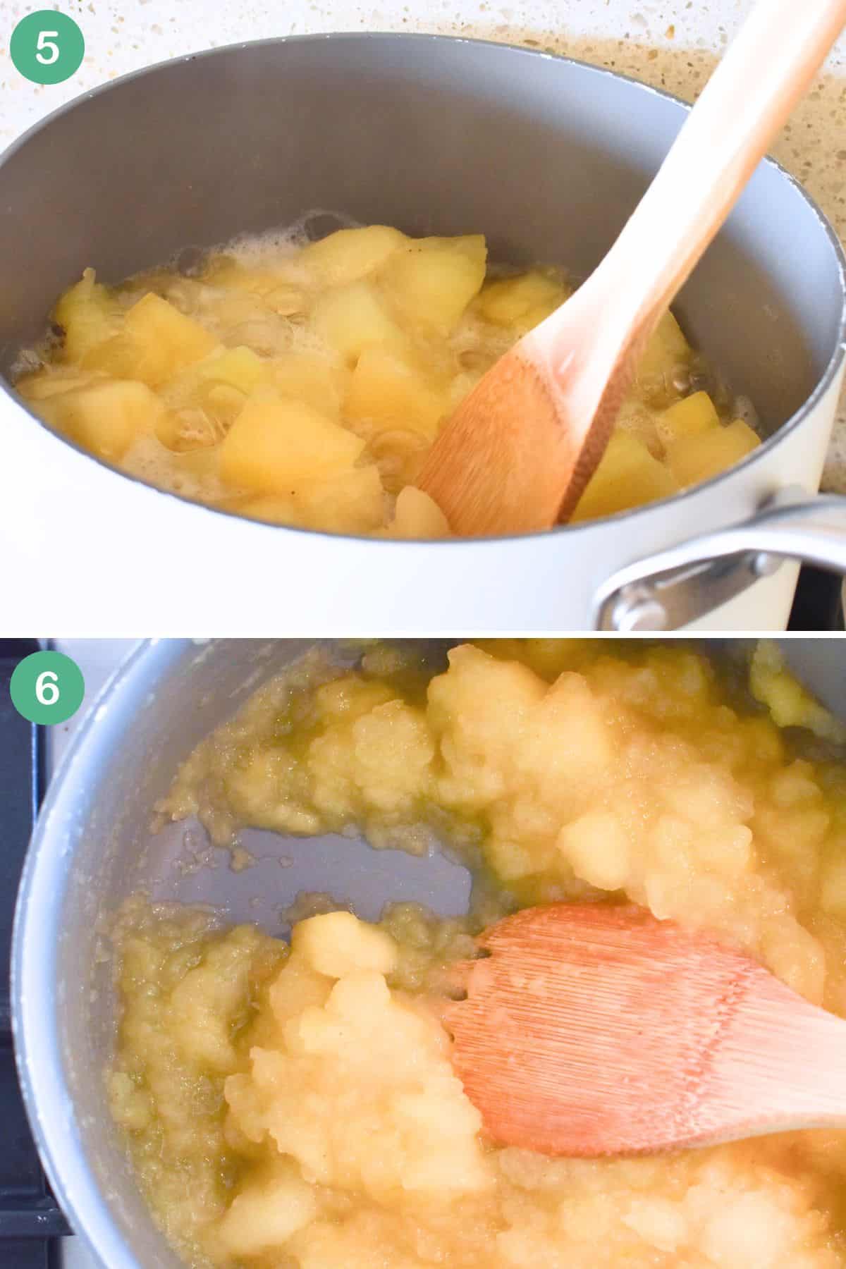stewed apples in saucepan.