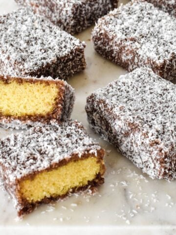 Lamingtons on plate.