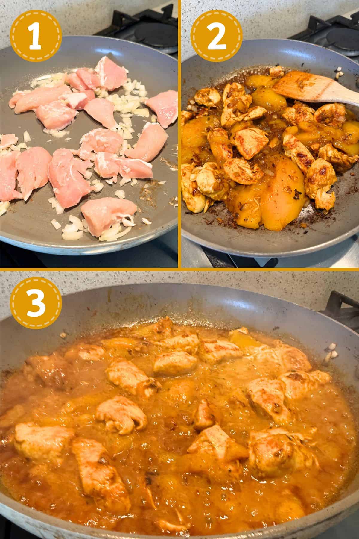 Collage showing how to make Curried Mango Chicken.